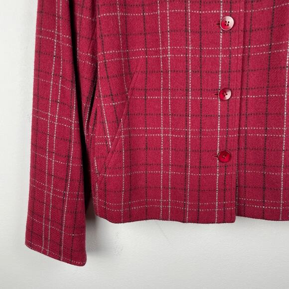 90s Vintage Plaid Tweed Blazer Jacket Women 6 Red Wool Blend Long Sleeve Pockets - Picture 5 of 9